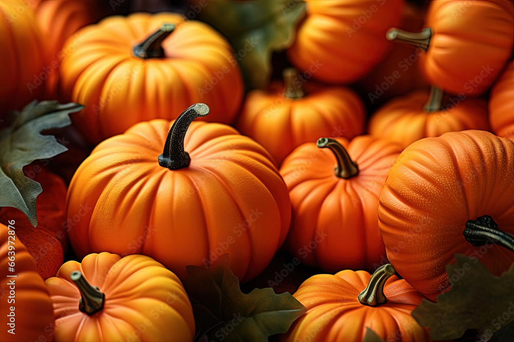 Orange pumpkins on a light surface with a fall leaves background. Autumn bokeh background for Thanksgiving and Halloween posters