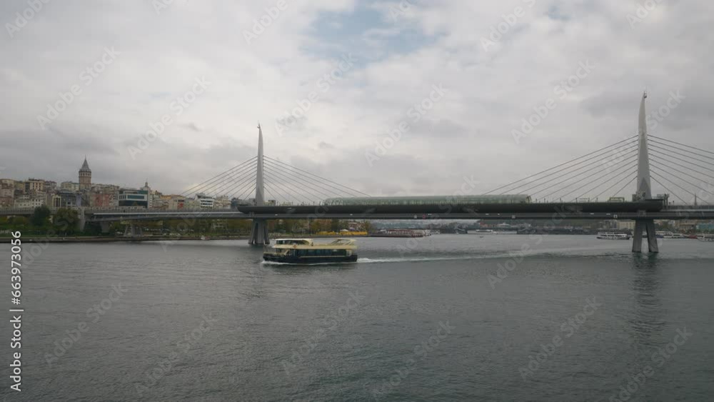 cloudy day istanbul city center famous golden horn river traffic bridge panorama 4k turkey cloudy day istanbul city center famous golden horn river traffic bridge panorama 4k turkey
