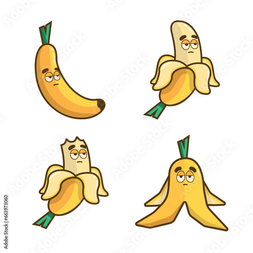 Banana with a serious face on whole fruit, peeled, bitten, and peel on a white background.