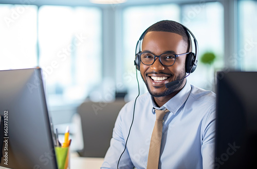 Smiling customer support operator with hands-free headset working in the office. ai