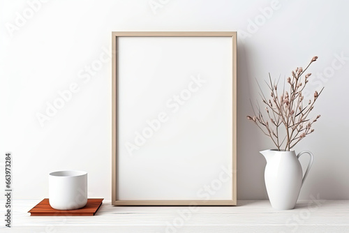 Blank wooden picture frame with white background mockup. Vase with pine tree branches, a cup of coffee and old books on grey desk, Interior design, still life. 