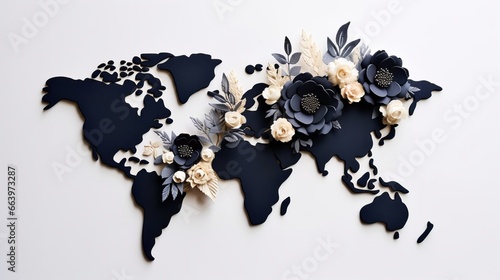 Map of the world cut out of paper, covered in beautiful paper flowers photo