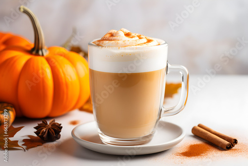 Cozy Fall Vibes, Autumn Coffee Latte in a White Glass Cup with Cinnamon and Pumpkins