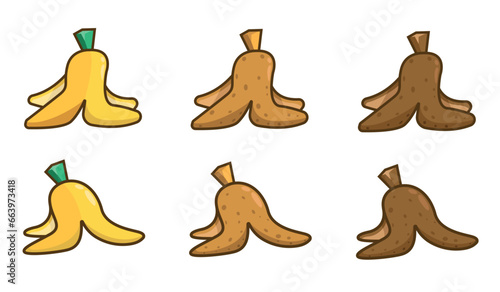 Banana peels in different states of decomposition on a white background