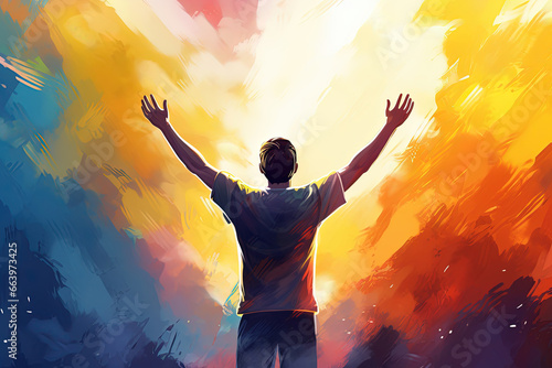 Man Raising His Hands in Worship and Praise of God. Cheering Man With Colorful Pastel Illustration Oil Painting Wall Art Wallpaper photo