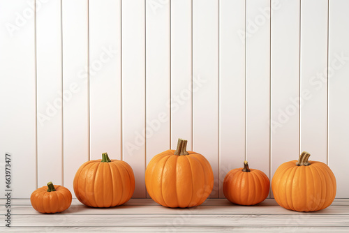 Orange Halloween pumpkins on white planks, holiday decorations on a white Vertical line wooden background. Autumn composition with copy space for text