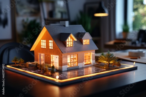 Photo of a miniature model house illuminated on a tabletop created with Generative AI technology