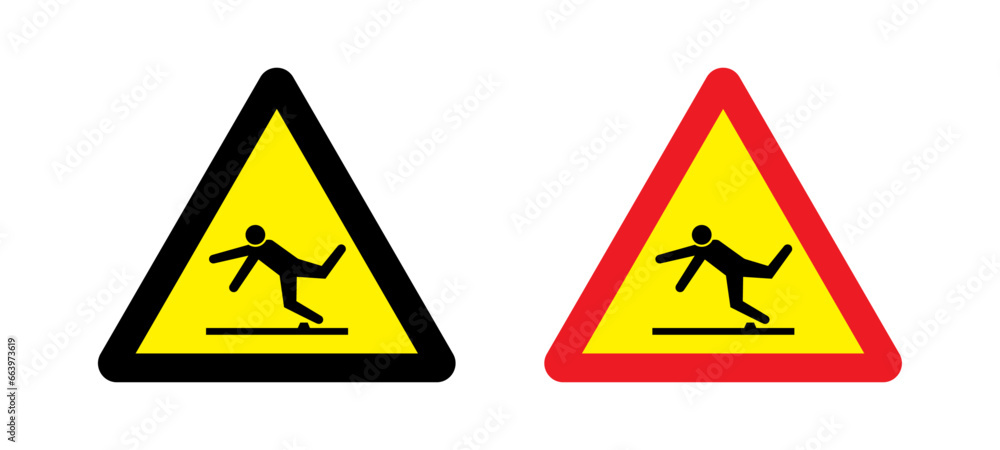 Tripping hazard, caution obstacle and warning sign. Mind the step sign. Danger Trip Hazard Symbol Sign Isolated On White Background Label. Vector Illustration. Tripping hazard, caution obstacle and warning sign. Mind the step sign. Danger Trip Hazard Symbol Sign Isolated On White Background Label. Vector Illustration.