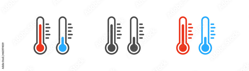 Thermometer for measuring temperature icon. Temperature symbol. Hot air, cold air, summer, winter signs. Outline, flat and colored style icon for web design. Vector illustration. Thermometer for measuring temperature icon. Temperature symbol. Hot air, cold air, summer, winter signs. Outline, flat and colored style icon for web design. Vector illustration.