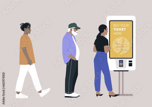 An automated self-service machine, symbolizing the daily commute in an urban transportation system, passengers are seen patiently waiting in line to purchase their tickets