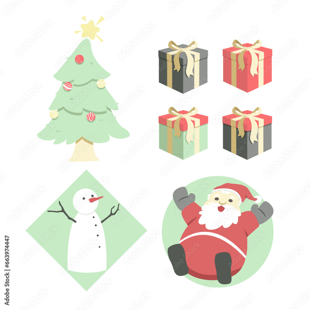 christmas tree with gifts, snowman and santa