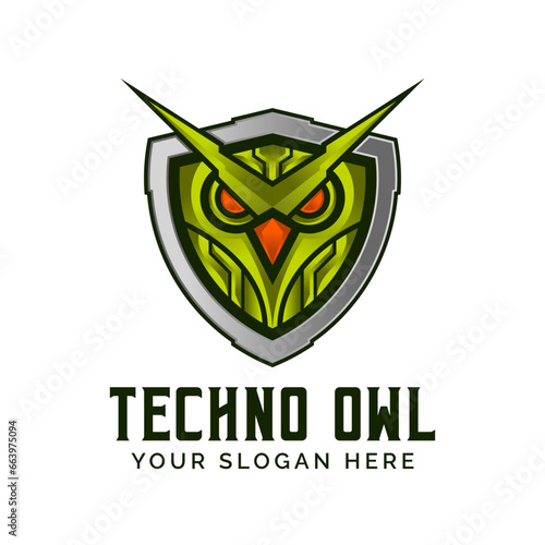 Techno Owl Shield Logo Design Vector Illustration