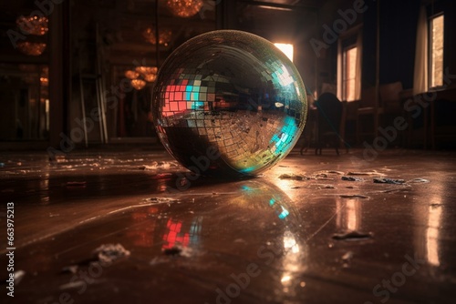 melting mirror ball on dance floor. Generative AI