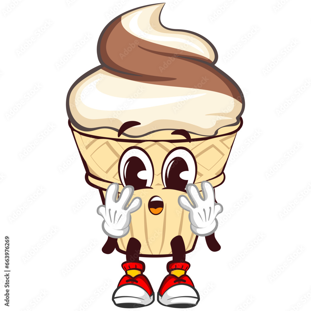 mascot character of an ice cream cone with a very shocked funny face, wearing sunglasses and wearing a gold chain necklace, isolated cartoon vector illustration. emoticon, cute ice cream cone mascot mascot character of an ice cream cone with a very shocked funny face, wearing sunglasses and wearing a gold chain necklace, isolated cartoon vector illustration. emoticon, cute ice cream cone mascot