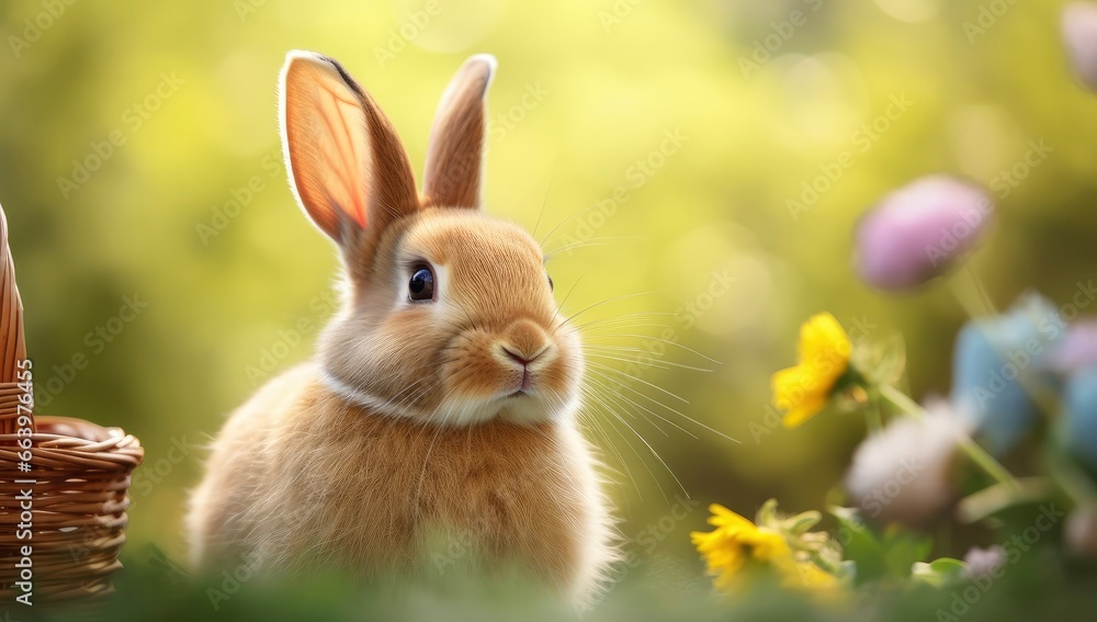 Easter Bunny with beautiful Spring Nature background with a basket.