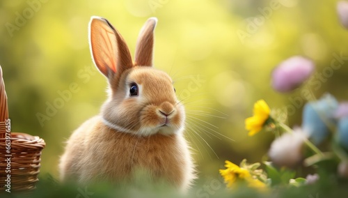 Easter Bunny with beautiful Spring Nature background with a basket.