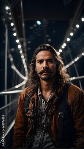 hyperrealistic photo of a man with long hair and a big mustach