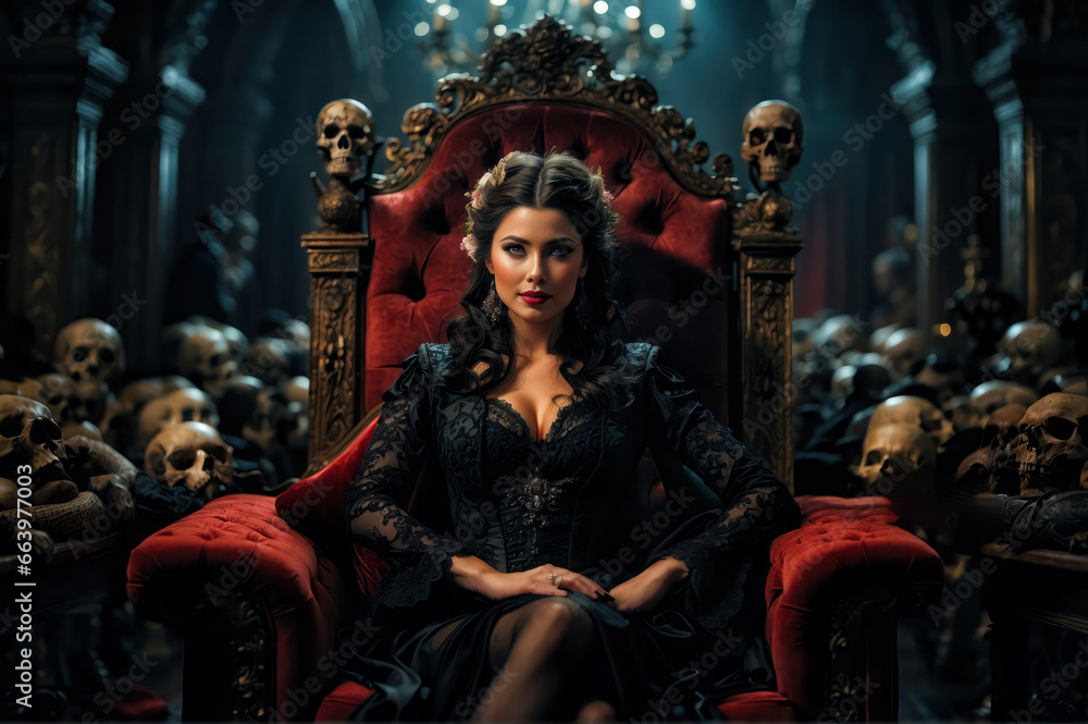 A provocative vampire woman sitting on a throne made of skulls. Halloween Concept. Generative Ai