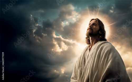 La resurrezione di Gesù Cristo con gli occhi rivolti verso il Dio Padre
