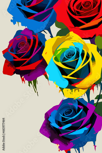 Bouquet of colorful roses on a white background  a pop art painting  fauvism  made of flowers  vivid colors. Generative AI.