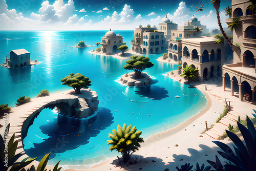 an oasis city on the blue sea. generative ai.