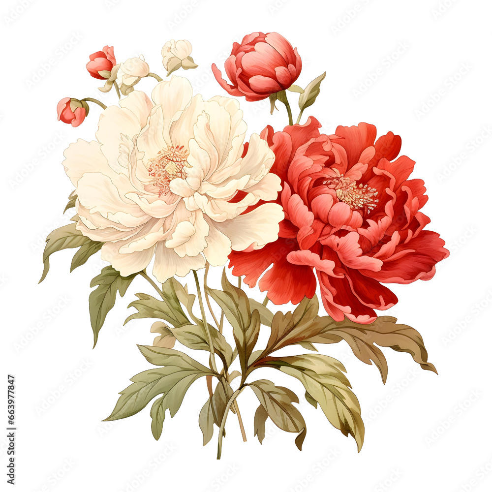 Red and White Peony Bouquet Watercolor Clipart, Retro Peony Illustration, Peonies PNG