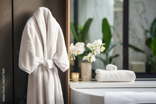 luxury and beauty of a spa, with a focus on bathrobe and towels, for health, and wellness, combined with an elegant and clean atmosphere. photo