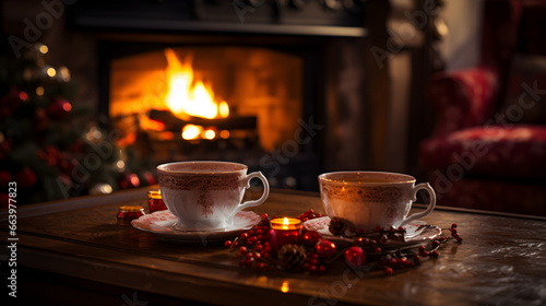 Cozy Christmas Vibes, Warm Cups of Tea by a Lit Fireplace