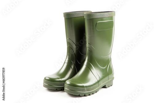 Two green waterproof boots are ready for rainy autumn and winter days, providing protection and style against puddles.