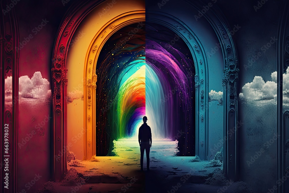 Man in front of opened door with rainbow light