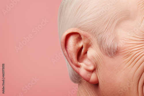 closeup image of an older adult's ear sheds light on the issue of hearing loss, a common problem that affects the health and well-being of many individuals as they age. photo