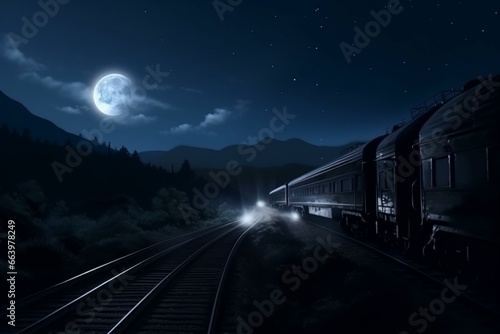 Wallpaper Mural Train racing moonlit night track. Generative AI