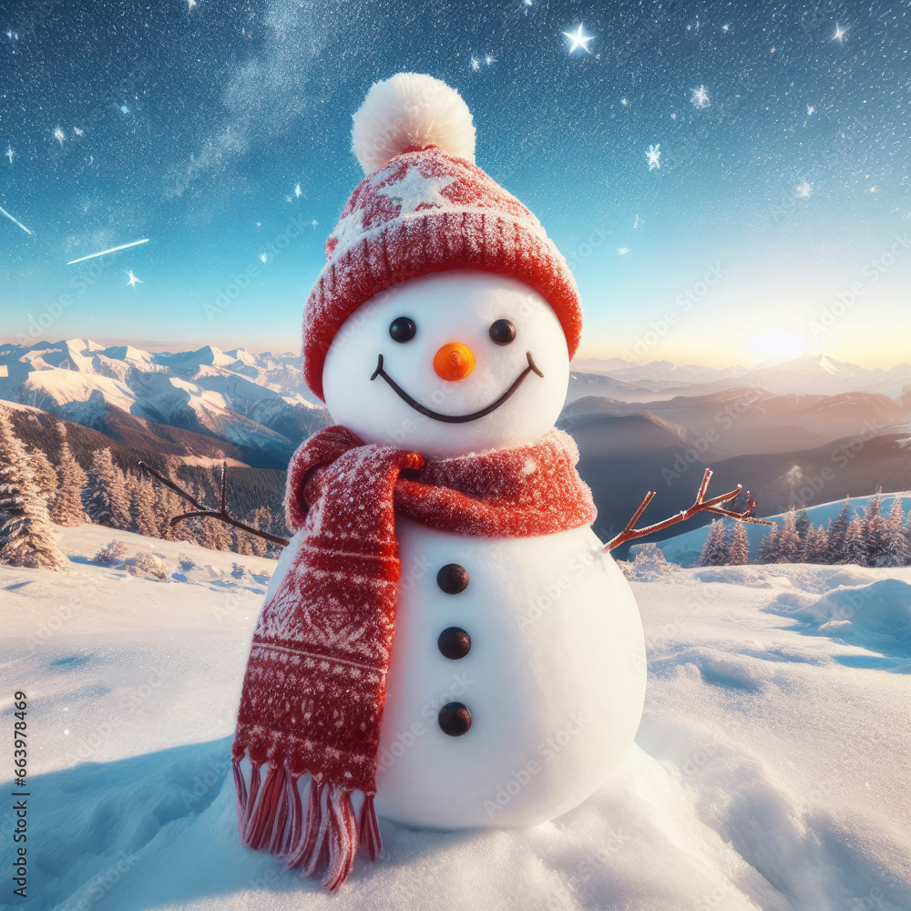 Obraz premium snowman in a knitted hat and scarf. ai generative