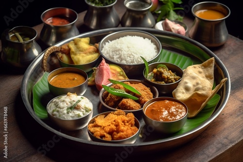 Traditional Bengali cuisine of West Bengal, India. Bengali food thali in Kolkata. Bengali thali for puja and pailaboishakh. Popular food Kolkata. Generative AI