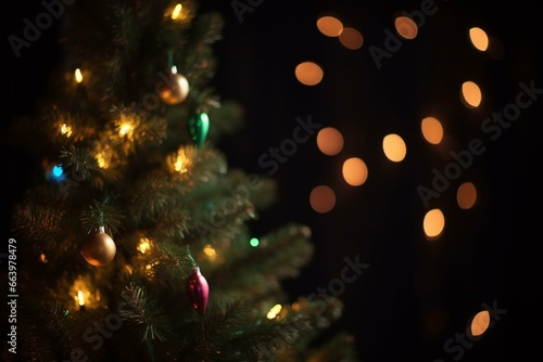 Blurred Christmas tree lights on dark background. Generative AI