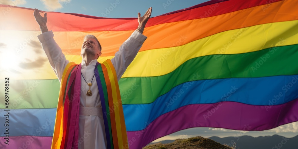 Inclusive Sanctuary: A Priest Wearing an LGBTQ Rainbow Scarf in a Church