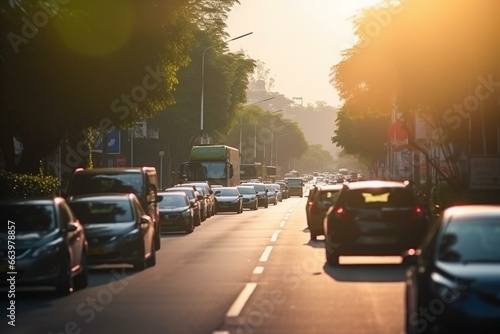 Busy traffic on urban street, green surroundings. Generative AI © Idris