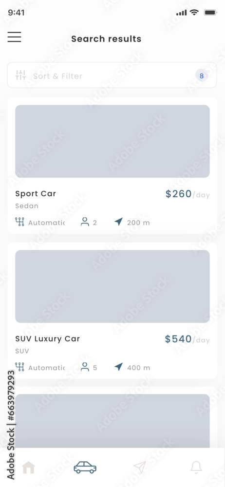 Rent a Car, Rental Vehicles and Automobile Store and shop Blue App UI Kit Template