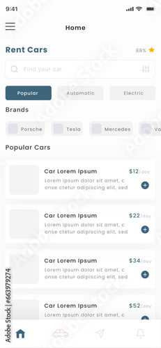 Rent a Car, Rental Vehicles and Automobile Store and shop Blue App UI Kit Template