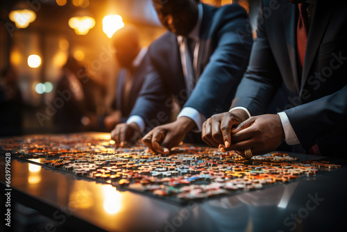Businessmen collaborating to assemble a puzzle, symbolizing teamwork and strategic problem-solving in a corporate setting.