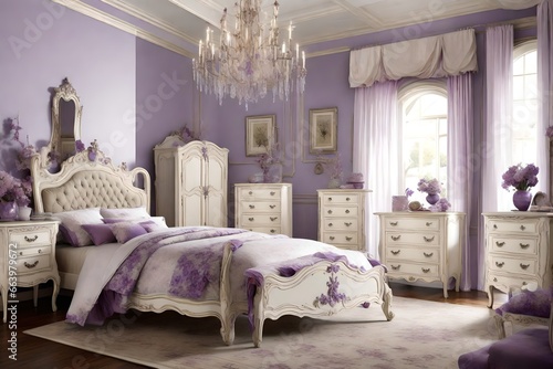 French provincial bedroom antique white lavender accents