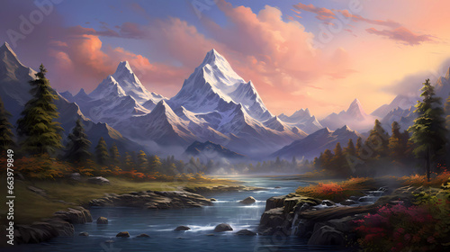 Snow-Capped Mountain Landscape at Sunset