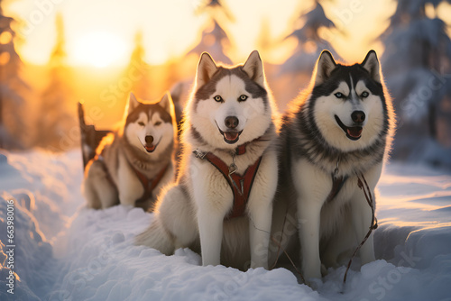 Majestic Husky Dogs Embarking on a Sunset Sled Safari in Winter Wonderland, Levi Lapland, Finland
