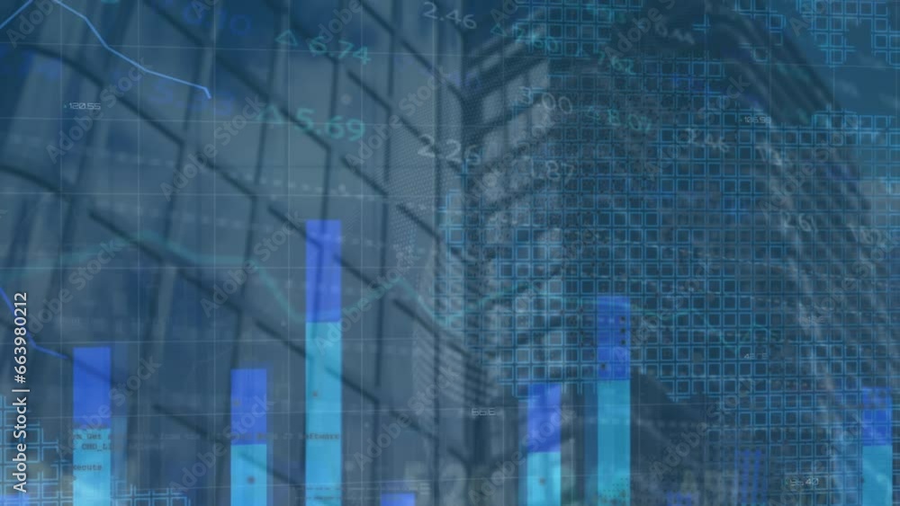 Animation of graphs, map and trading board over low angle view of modern buildings Animation of graphs, map and trading board over low angle view of modern buildings