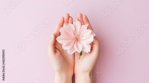 Woman hand holding pink flower on blue background. Pastel color. #663980431