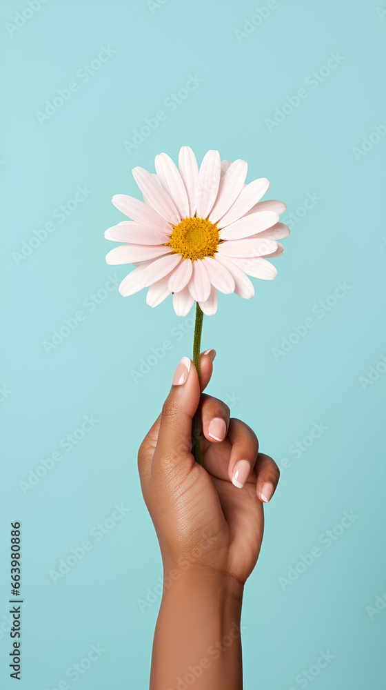 Woman hand holding flower on blue background. Pastel color background.