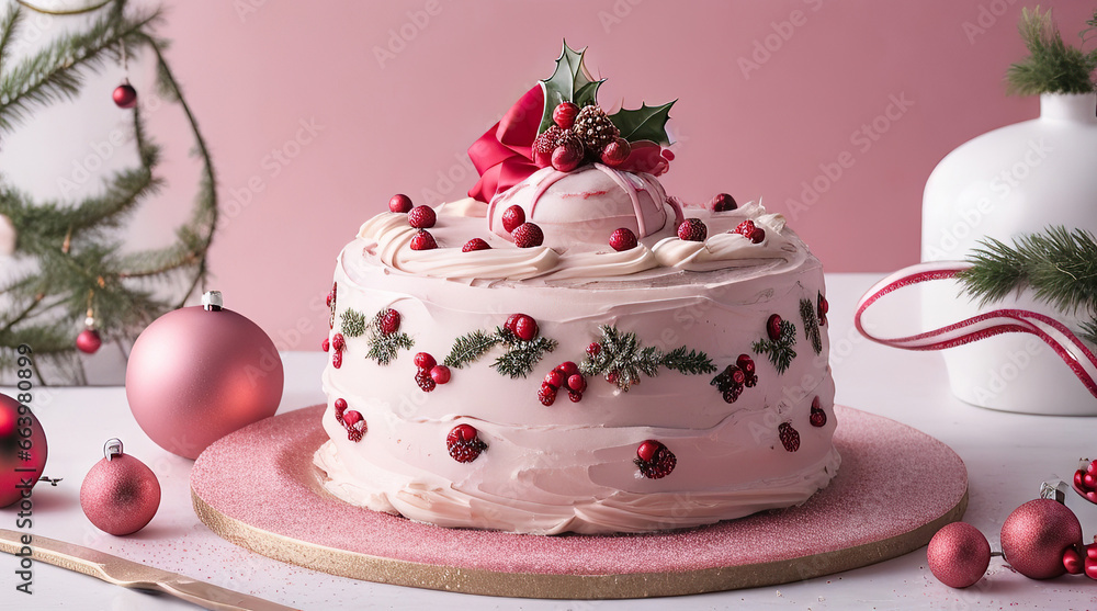 Christmas cake decorated with Christmas toys and cranberries, Christmas decorations, Christmas sweets, trendy color, pink shades Christmas cake decorated with Christmas toys and cranberries, Christmas decorations, Christmas sweets, trendy color, pink shades