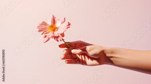 Woman hand holding pink flower on blue background. Pastel color.