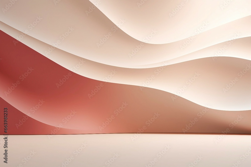 ベージュと赤のグラデーションの曲線的な壁と床がある抽象的な空間
