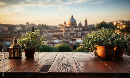 Rustic tabletop with terracotta pots and ornate lantern, showcasing an Italian cityscape under the soft glow of sunset. © apratim